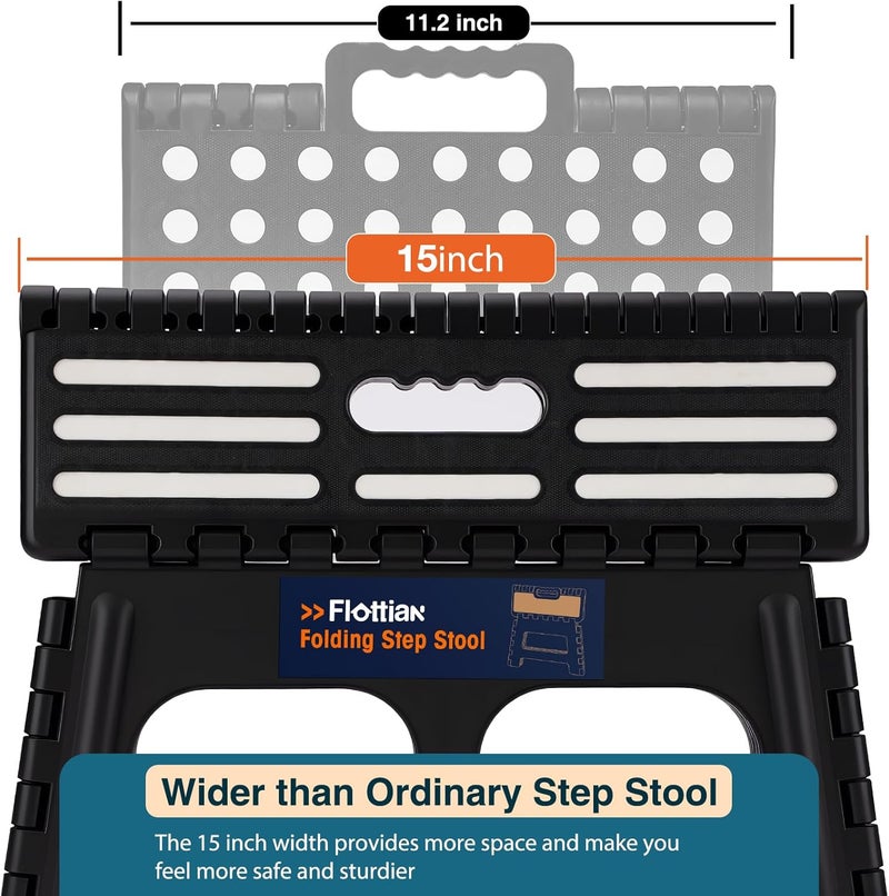 Flottian 9" Folding Step Stool for Adults and Kids 15-Inch Extra Wide Stool Holds Up to 300 lbs,Non-Slip Folding Stools with Handle,Compact Plastic Foldable Step Stool for Bathroom,Kitchen,ect,Black - Image 3